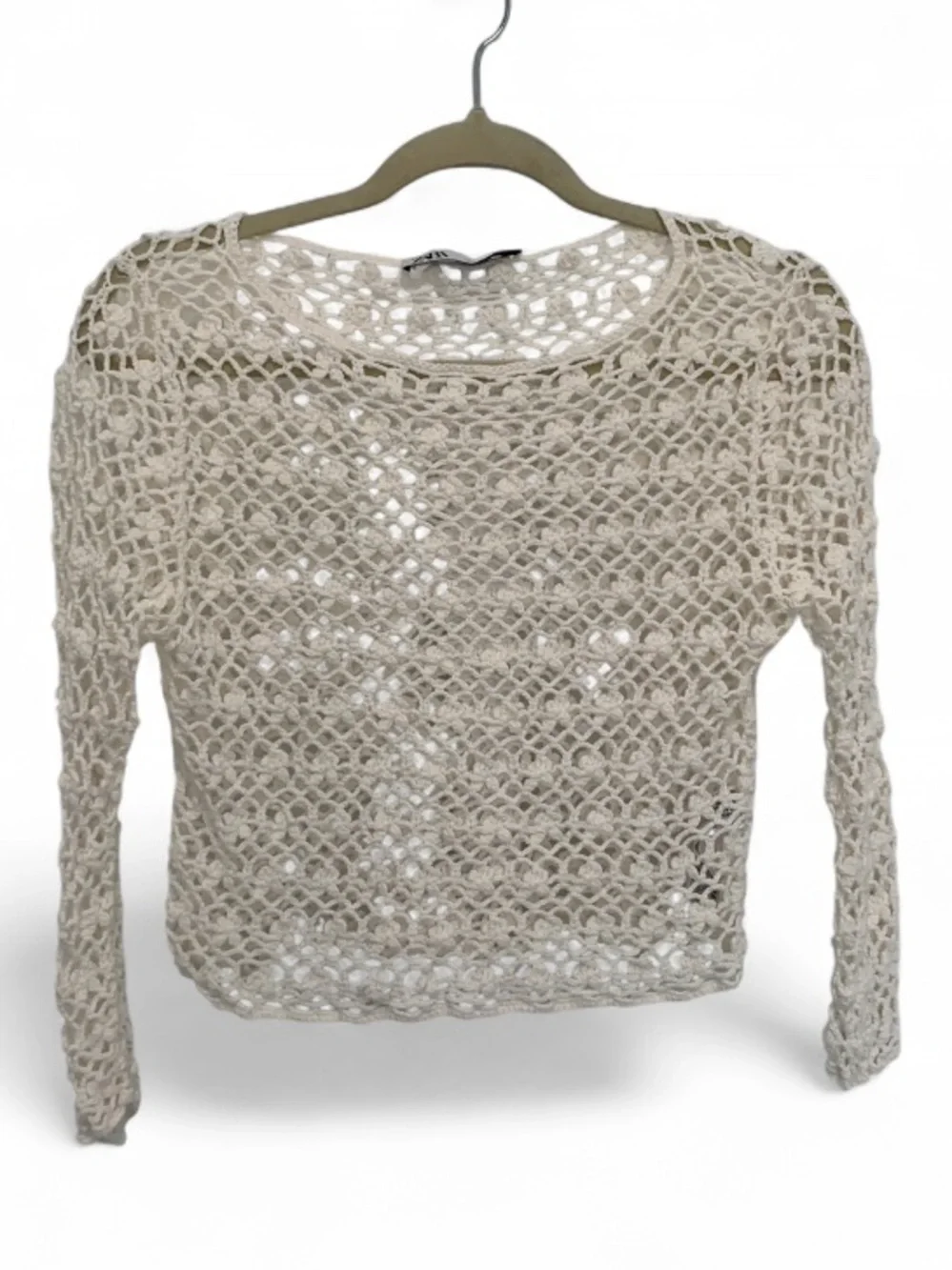 Zara White Crochet Open-Weave Long Sleeve Crop Top